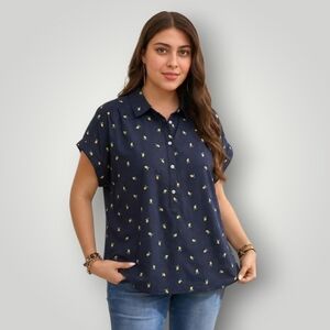 LOFT Outlet Women's XL Navy Lemon Print Blouse Cotton Modal Short Sleeve Collare
